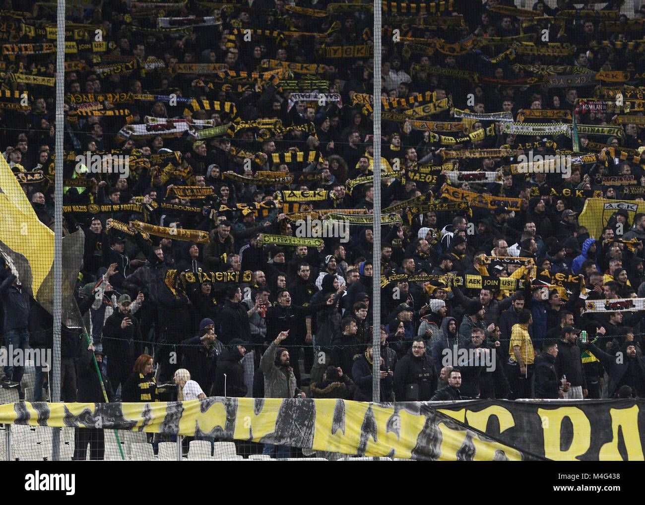 Athens, Greece. 15th Feb, 2018. AEK Athens fans seen during the  match.Europa League Round of