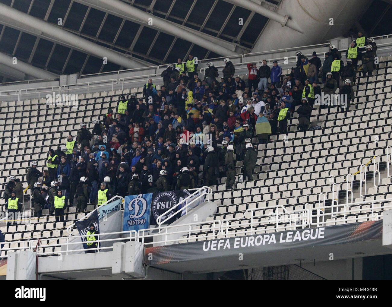 Athens, Greece. 15th Feb, 2018. Dynamo Kiev fans seen during the  match.Europa League Round of