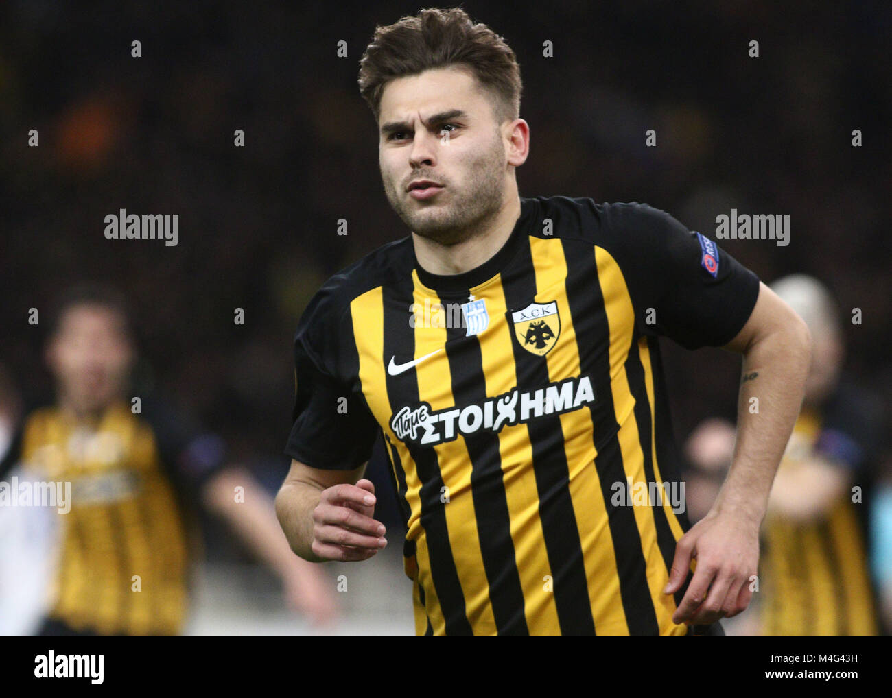 Athens, Greece. 16th Feb, 2018. Astrit Ajdarevic celebrates after scoring a  goal.Europa League Round of