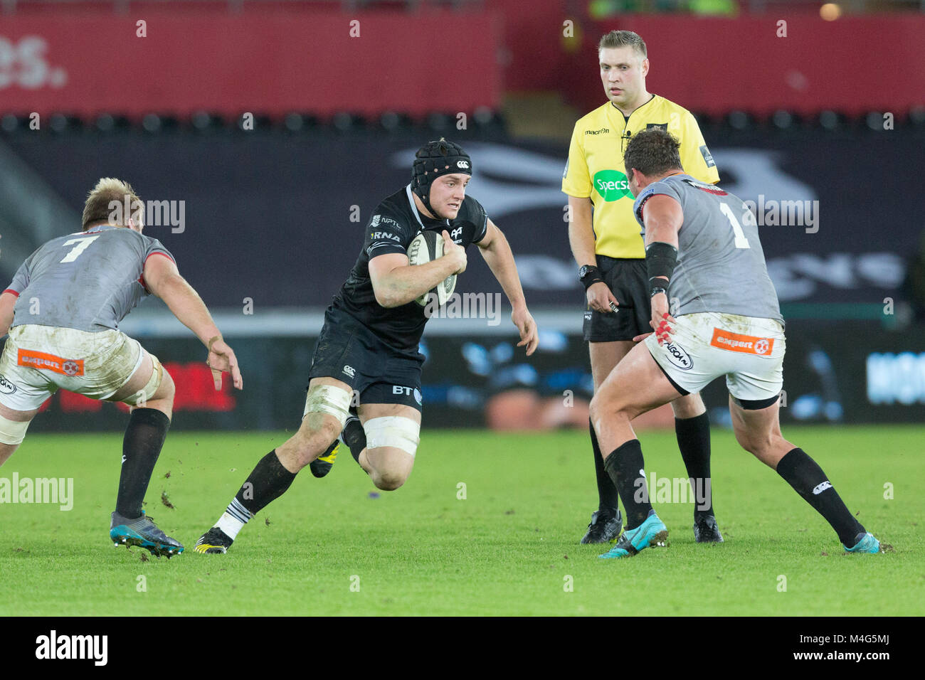 Liberty Stadium, Swansea, Wales, UK. Friday 16 February 2018.  James King in action in the Guinness Pro14 match between Ospreys and Southern Kings. Credit: Gruffydd Thomas/Alamy Live News Stock Photo