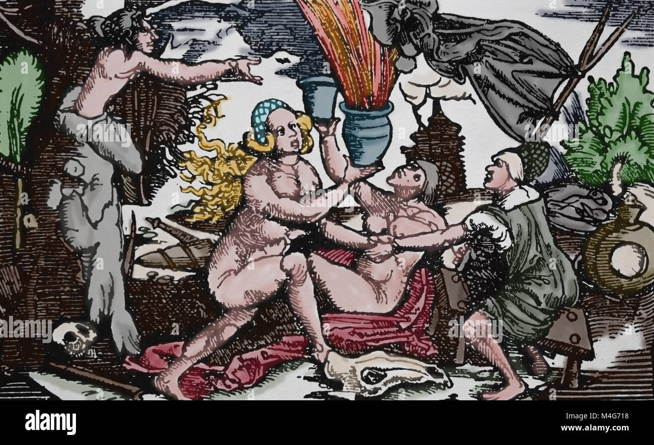 Witches' Sabbath. Engraving by Hans Weiditz (1495-1537). Renaissance. Stock Photo