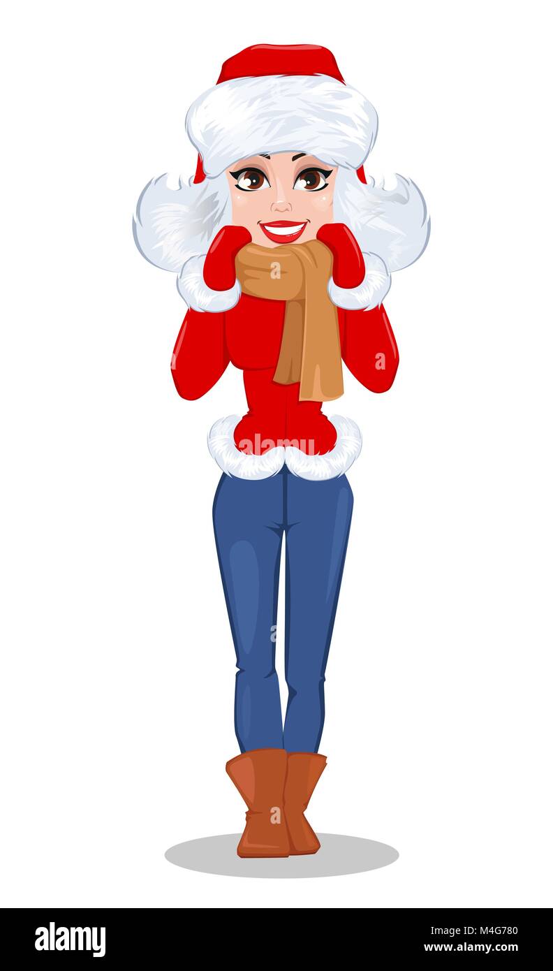 Beautiful woman in winter clothes. Happy smiling cartoon character. Vector  illustration Stock Vector Image & Art