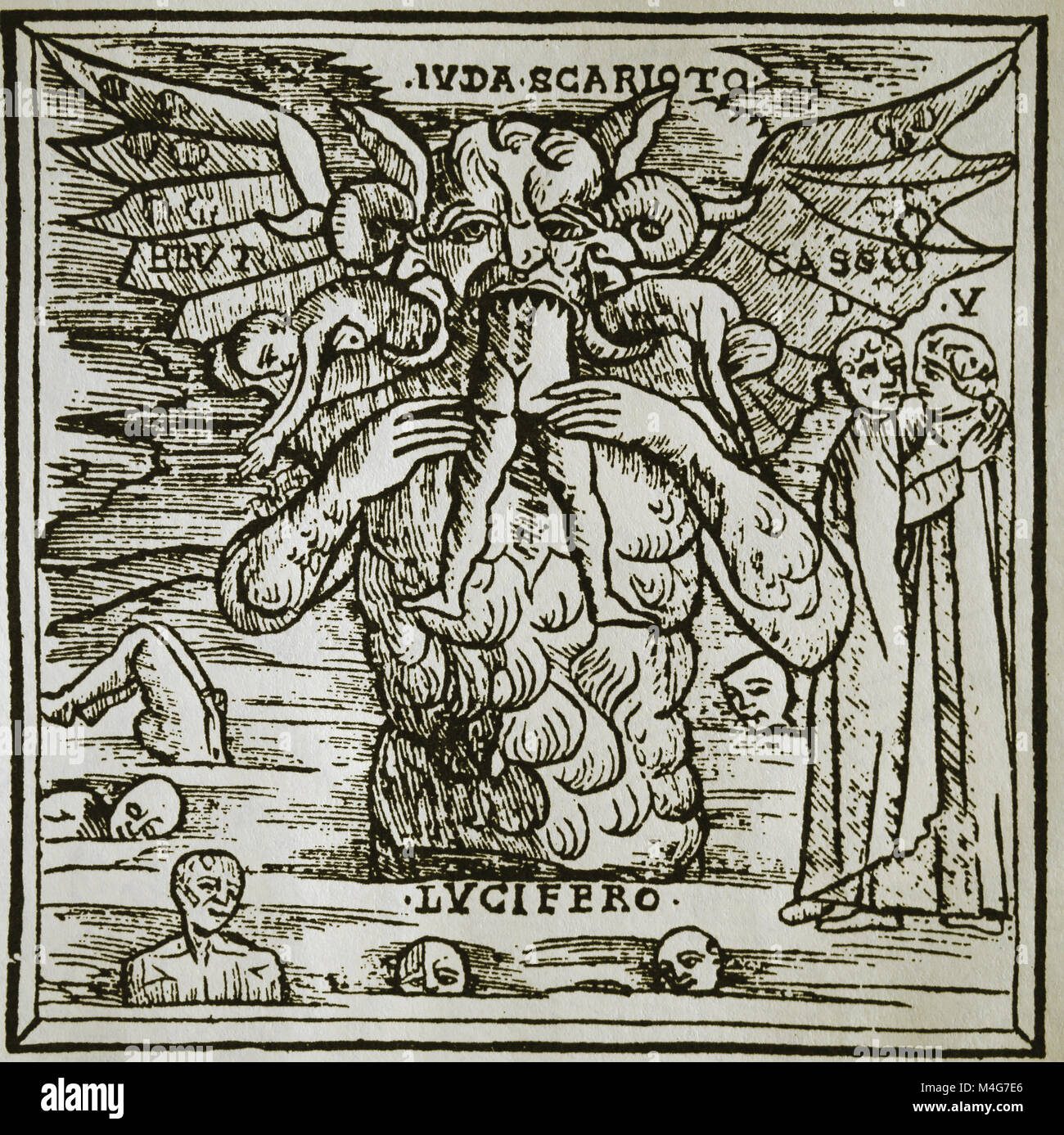 Lucifer eating Judas Iscariot. Opere of Dante. Printed by Bernardino Stagnino, Italy, 16th century, 1512. Stock Photo