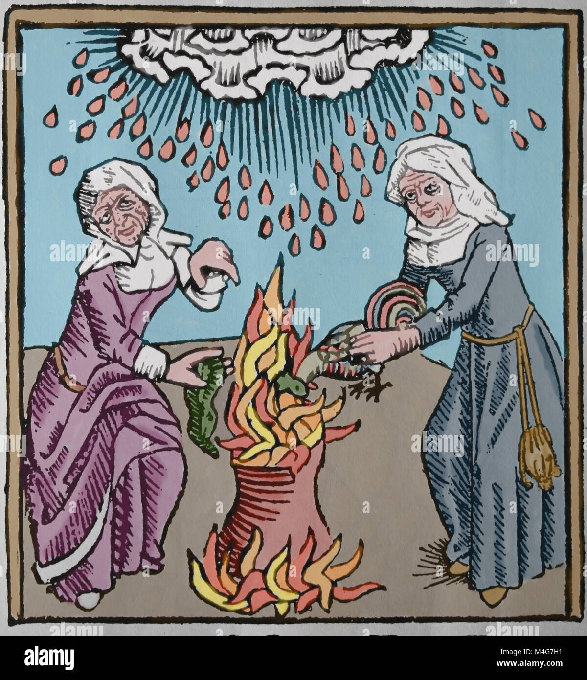 Witches brewing up a hilstorm. 'Of Witches and Diviner Women', 1489 by Ulrich Molitor. Germany. Stock Photo