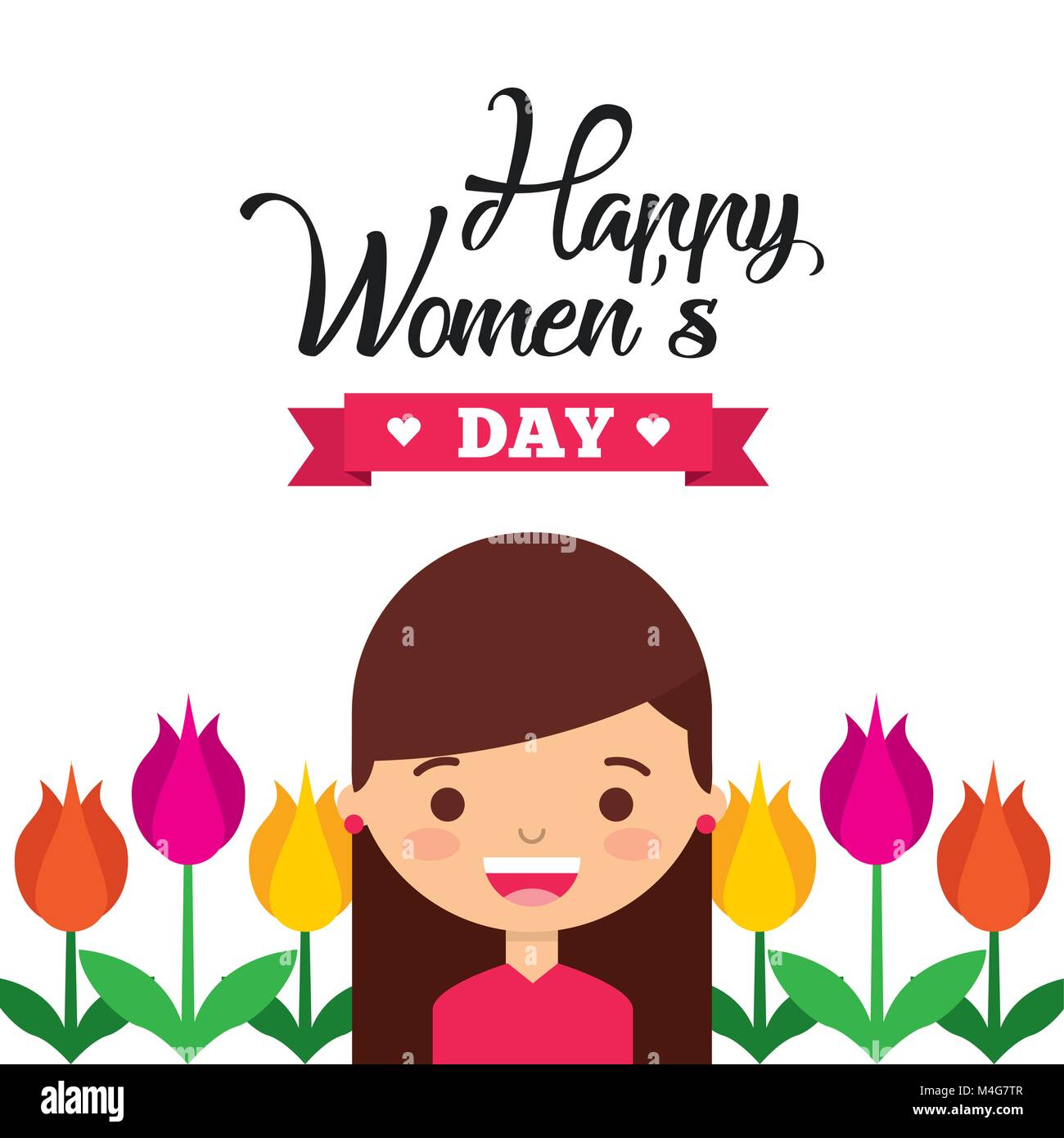 smiling girl beautiful tulip flowers happy womens day card Stock Vector ...