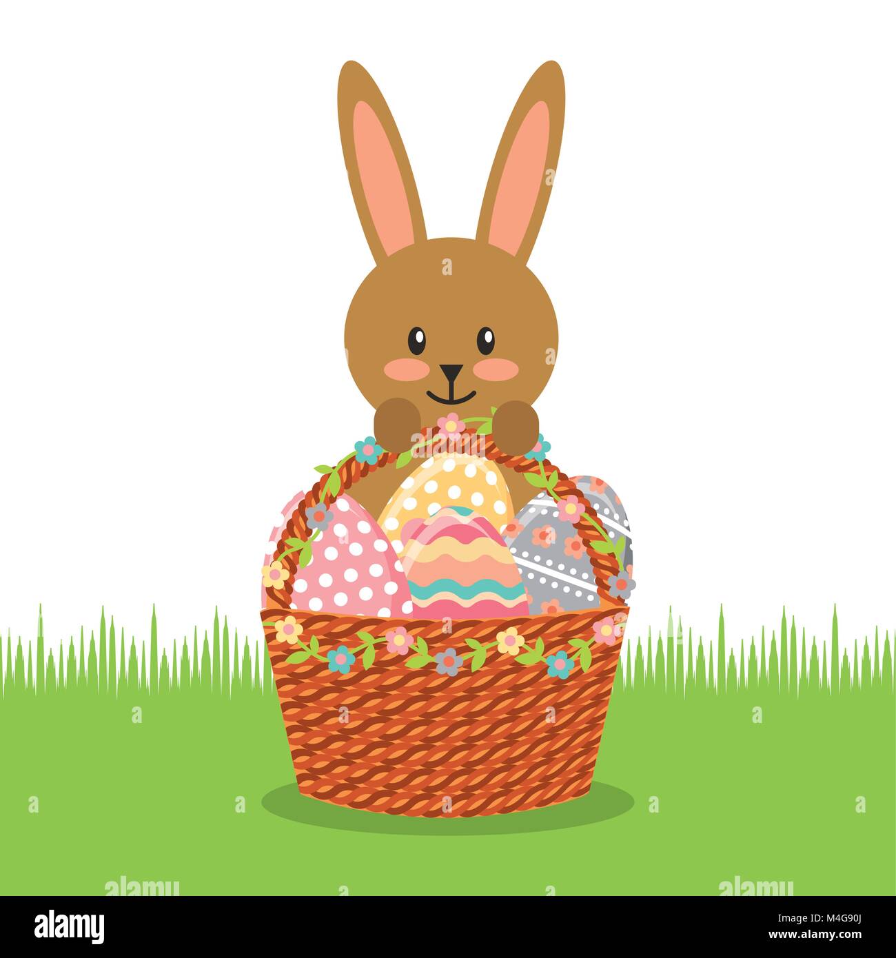 cute rabbit with basket full easter eggs field decoration Stock Vector ...