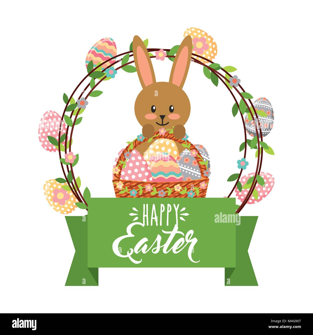 cute bunny with basket and frame eggs decoration happy easter Stock ...