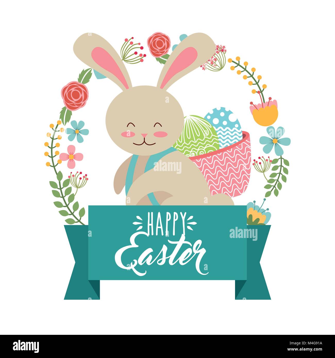 cute bunny carrying basket eggs wreath floral happy easter Stock Vector ...
