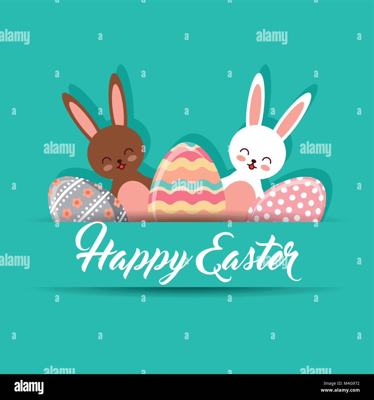 cute bunnies and decorative eggs happy easter green background Stock ...