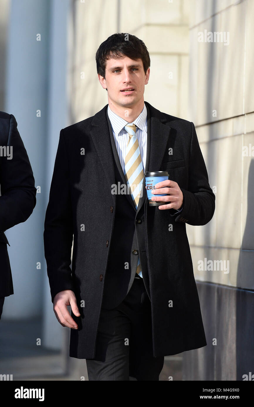 Blane McIlroy arrives at Belfast Crown Court where he is on trial accused of one count of exposure, in connection with an incident in which two Ireland and Ulster rugby stars are accused of raping a woman at a property in south Belfast in June 2016. Stock Photo