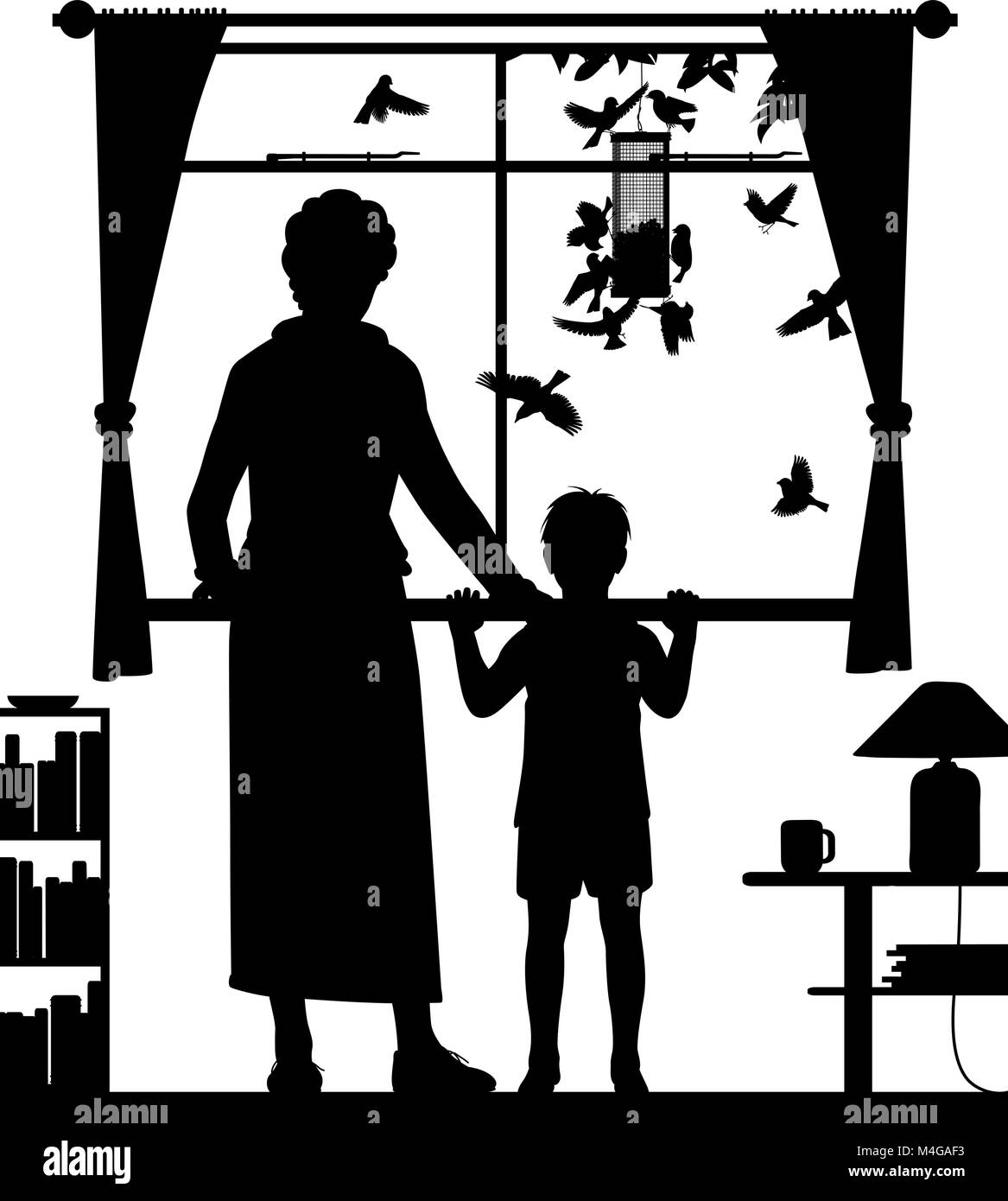 Editable vector silhouette illustration of a woman and child watching birds at a hanging feeder through a window with all figures as separate objects Stock Vector
