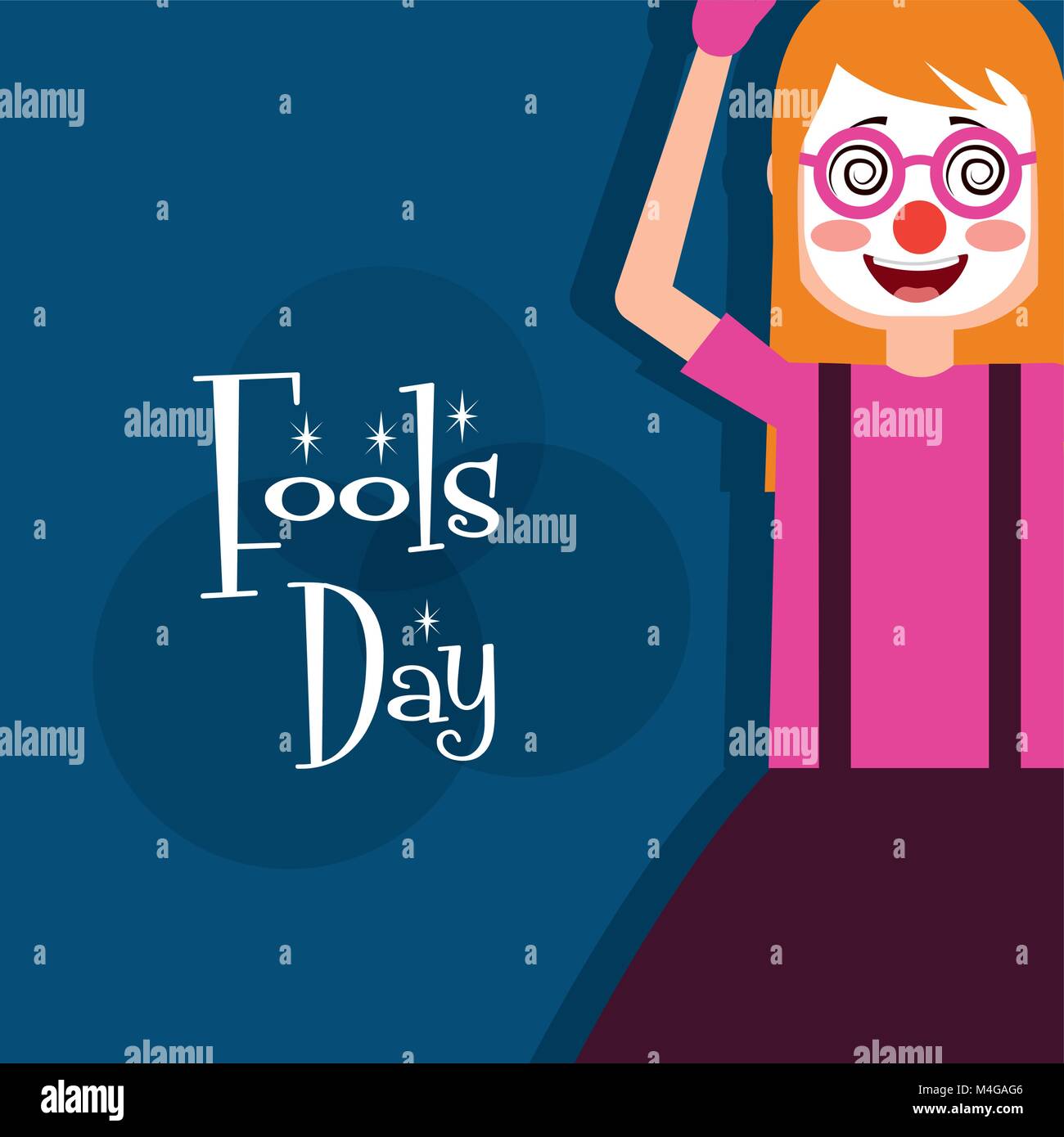 cheerful woman with mask silly glasses greeting card fools day Stock Vector