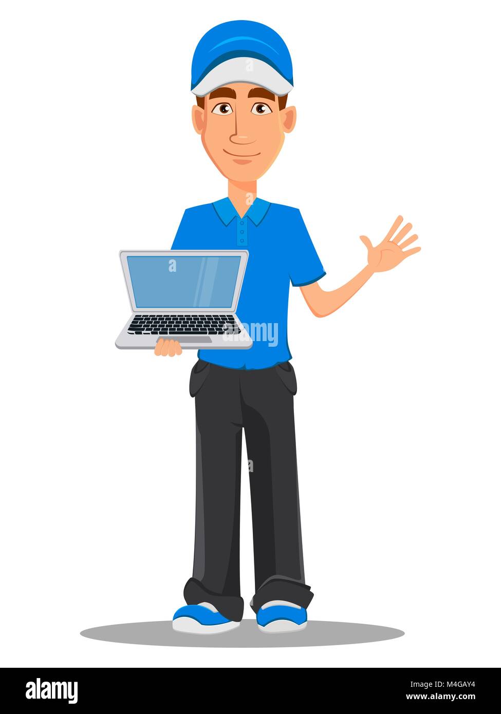 Smiling delivery man in blue uniform holding laptop. Vector illustration on white background. Stock Vector
