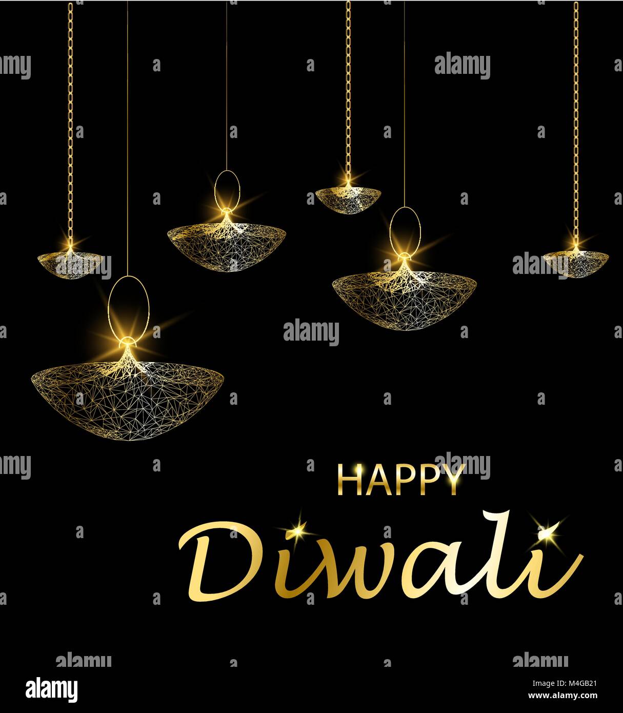 Happy diwali vector illustration. Deepavali light and fire festival.  Hanging lamps. Gold colors, polygonal art on black background Stock Vector  Image & Art - Alamy