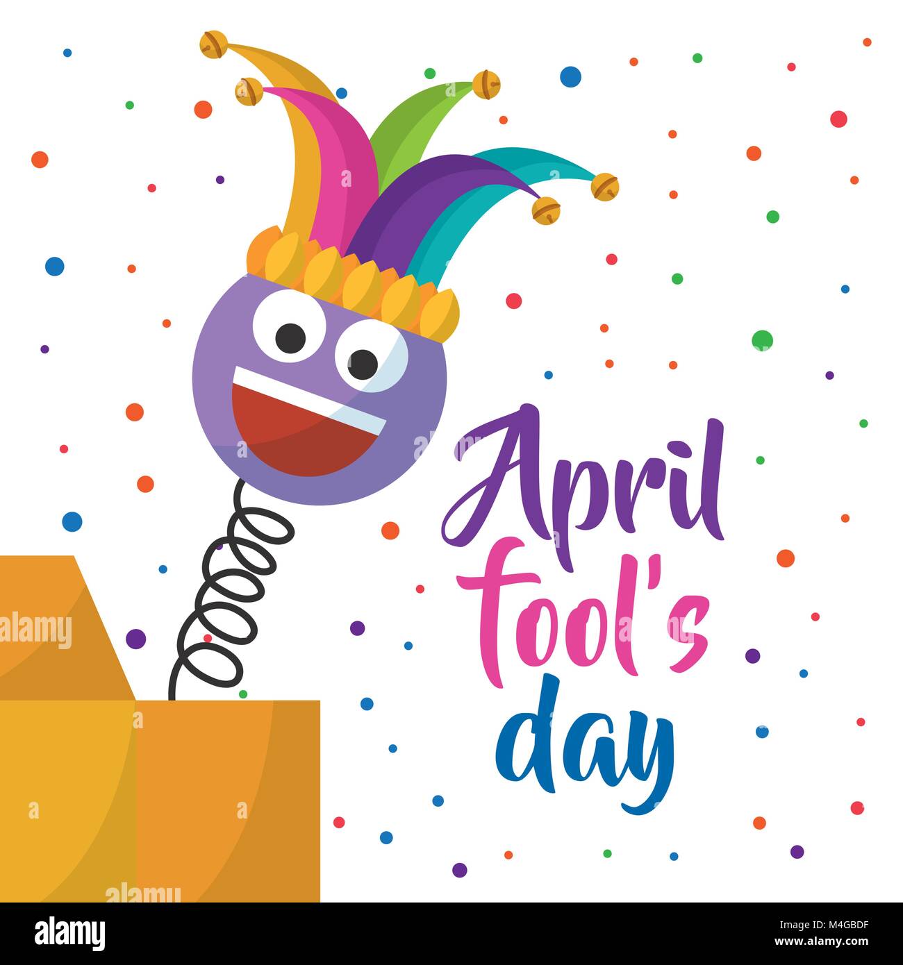 april fools day greeting card emoji smiling with hat and confetti Stock