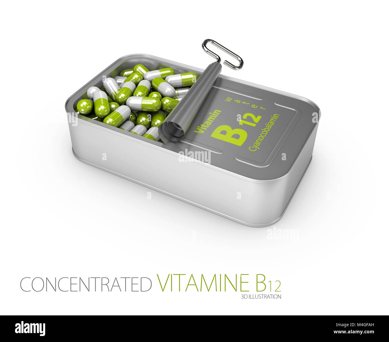 3d Illustration of vitamins b12, pills in the tincan. Stock Photo
