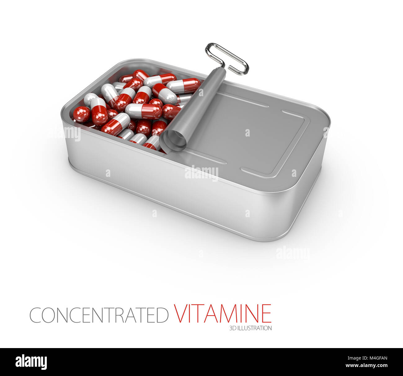 3d Illustration of vitamins, red pills in the tincan. Stock Photo