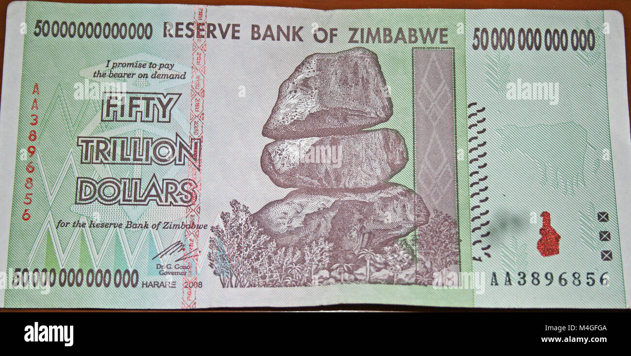A fifty trillion Zimbabwean Dollars note, Zimbabwe. Stock Photo