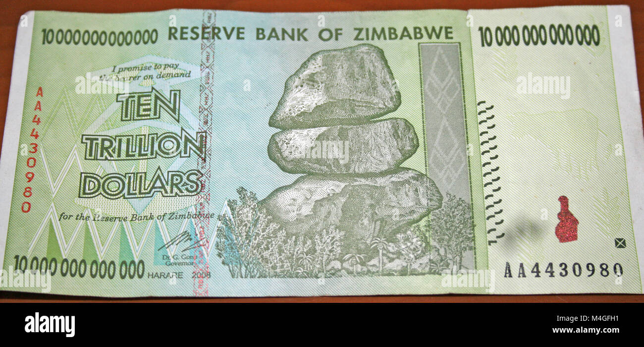 A ten trillion Zimbabwean Dollars note, Zimbabwe. Stock Photo