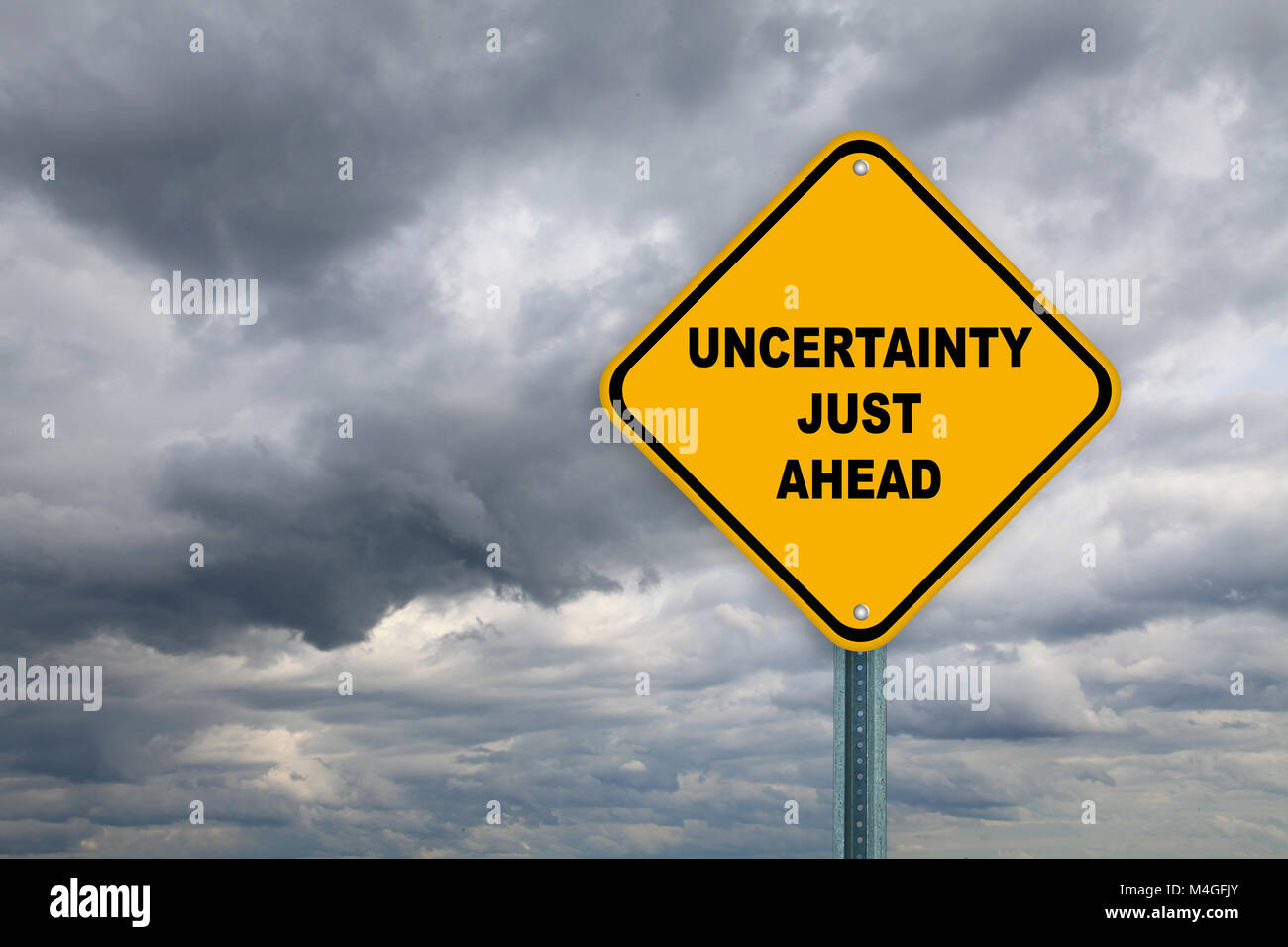 Yellow road sign Uncertainty Just Ahead Stock Photo