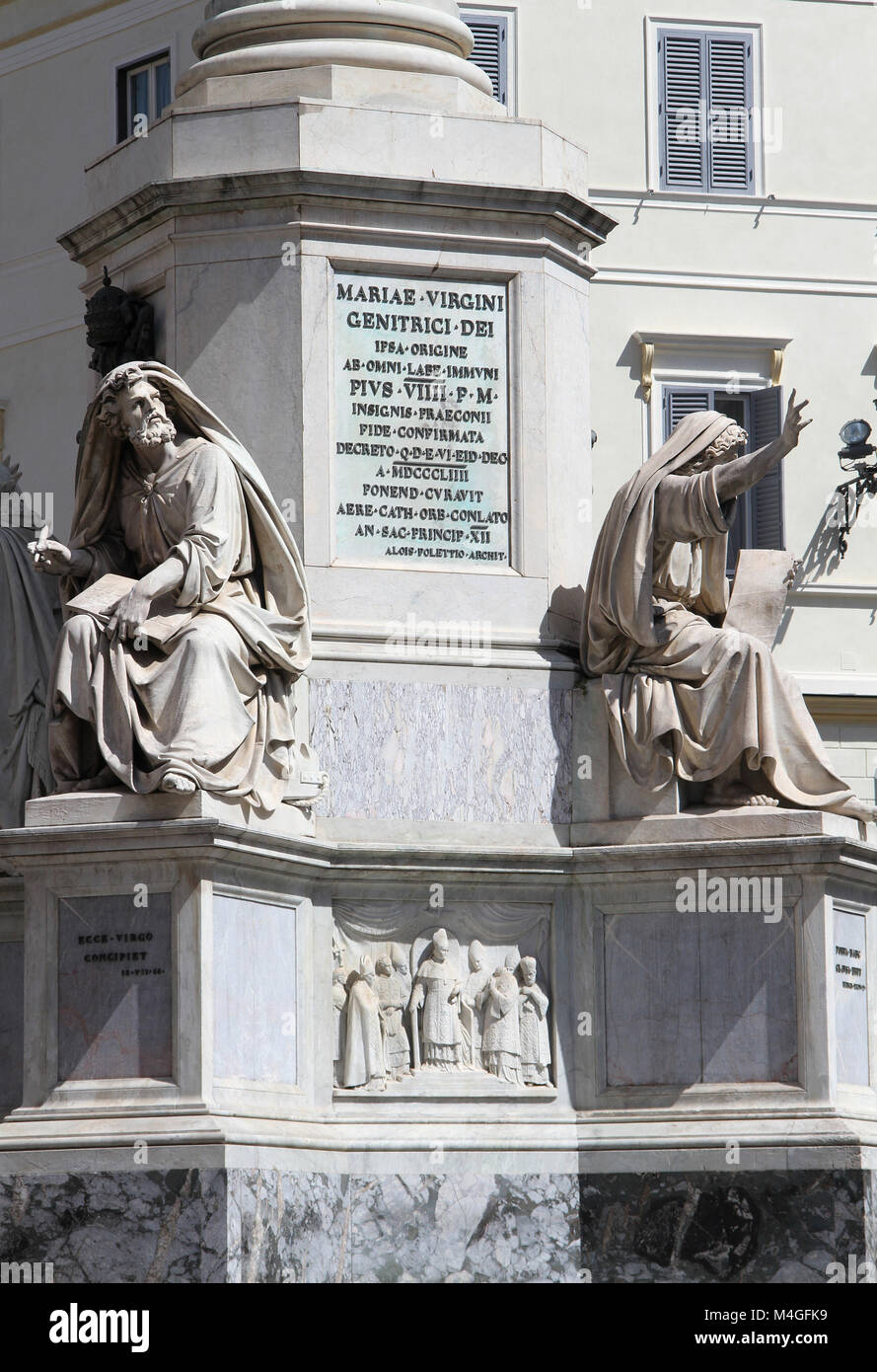 Column of the Immaculate Conception with statue of Seer Ezekiel by Carlo Chelli on the right and Prophet Isaiah by Revelli on the left, Rome, Italy. Stock Photo