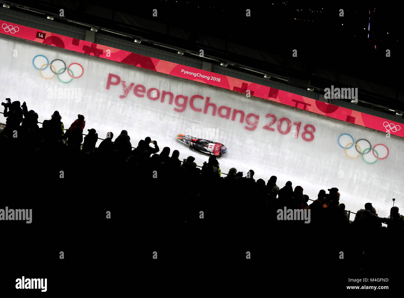 Canada's Mirela Rahneva competes in the Women's Skeleton at the Olympic Sliding Centre during day seven of the PyeongChang 2018 Winter Olympic Games in South Korea. Stock Photo