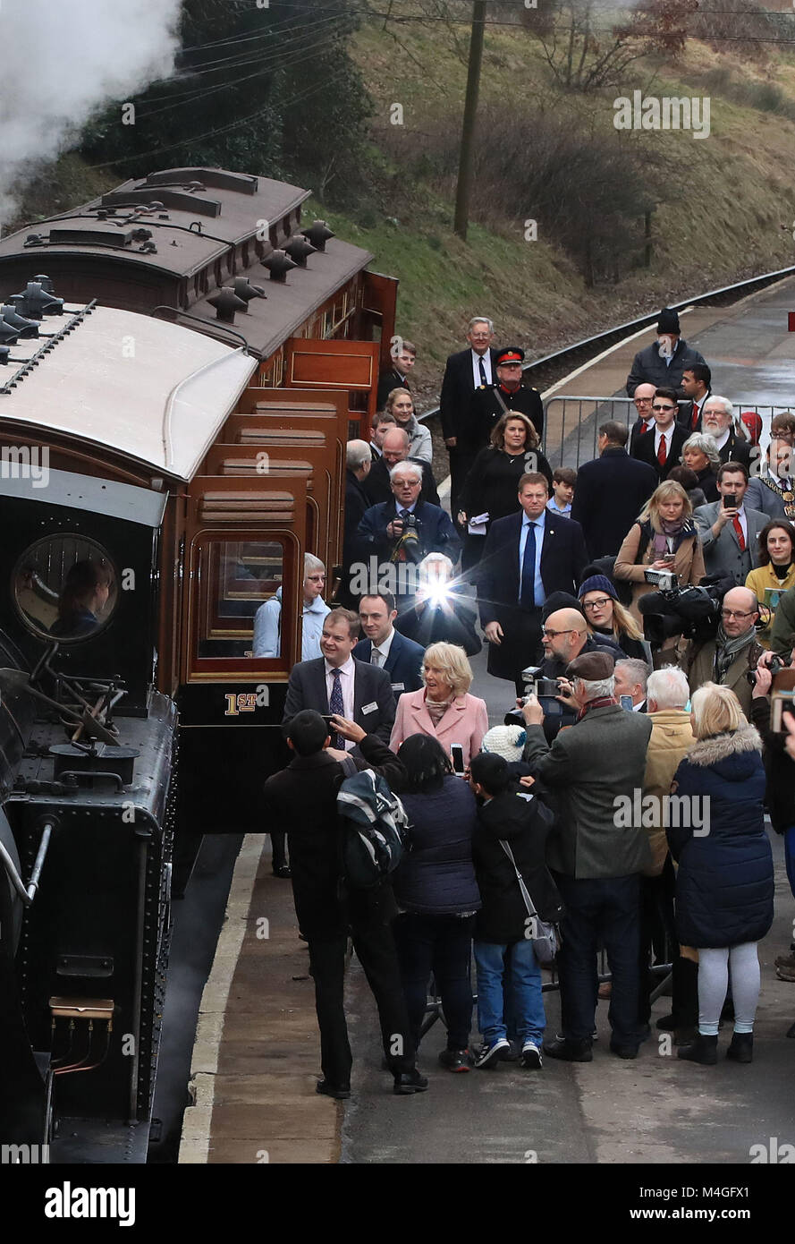The Duchess of Cornwall boards a steam train at The Railway Station in Haworth. Stock Photo