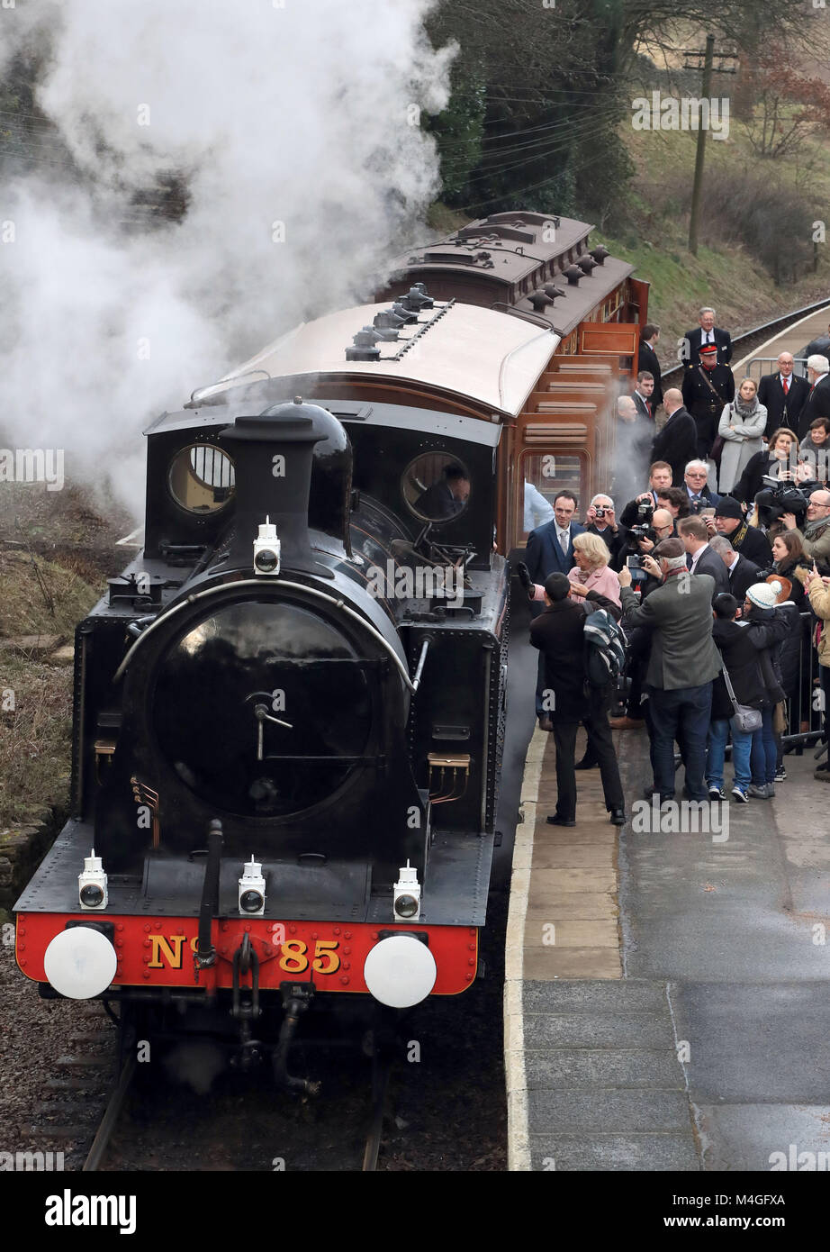 The Duchess of Cornwall speaks to the driver as she boards a steam train at The Railway Station in Haworth. Stock Photo