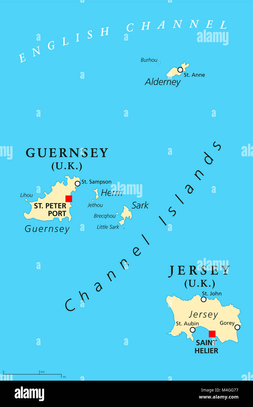 Guernsey and Jersey, political map, with capitals. Channel Islands. Crown dependencies. Archipelago in the English Channel, off the French coast. Stock Photo