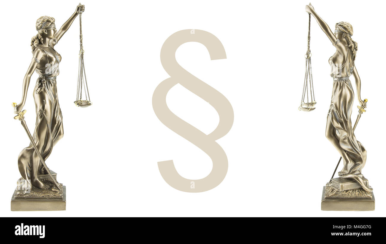 Side views of two isolated justice statues in front of white background Stock Photo