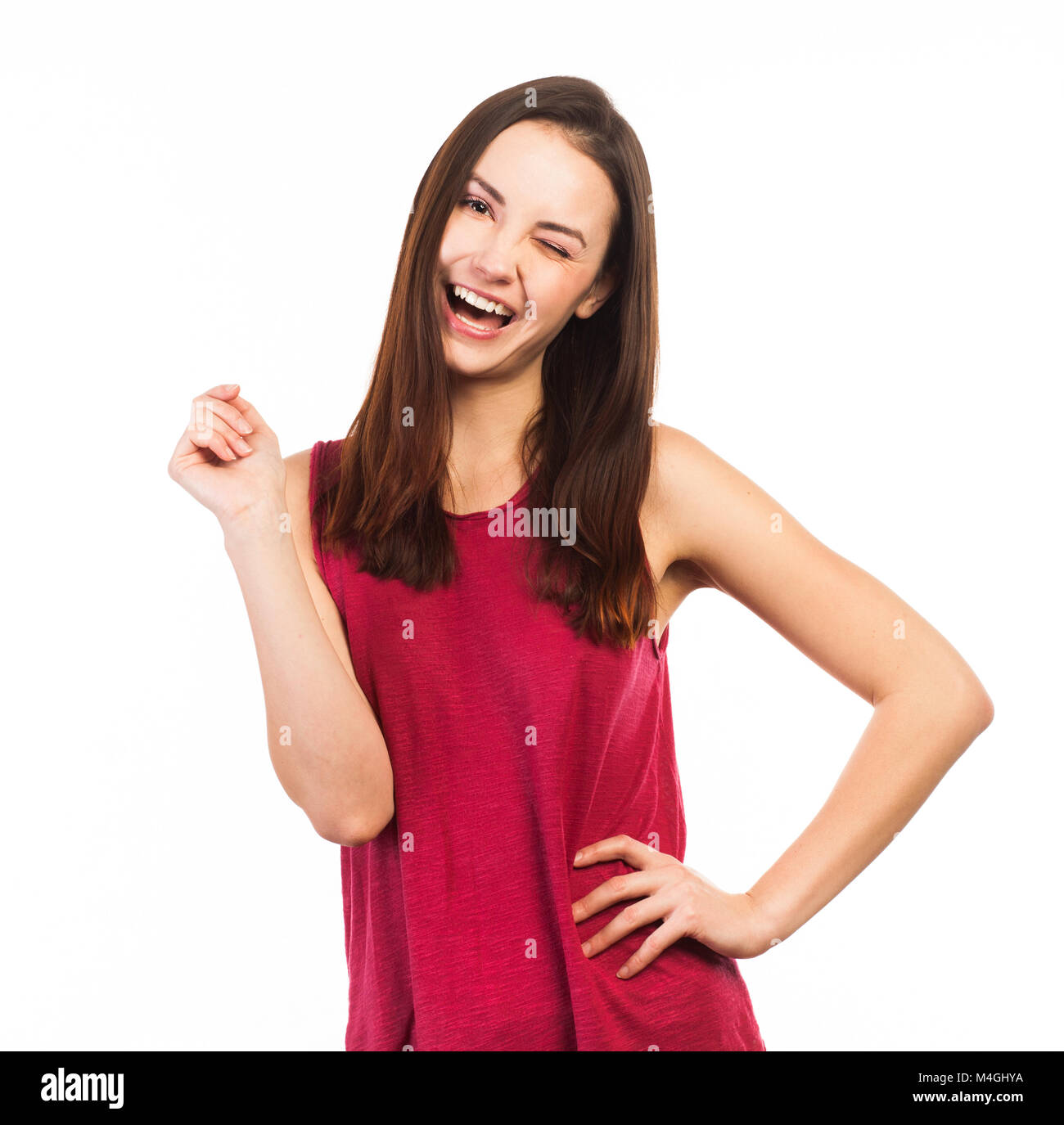 Portrait of a winking young woman, isolated on white Stock Photo - Alamy