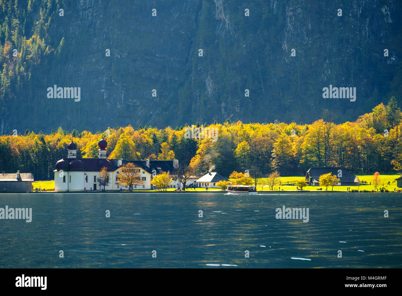 Lake Konigssee with world famous St Bartholomae in Berchtesgaden National Park, Bavaria, Germany Stock Photo