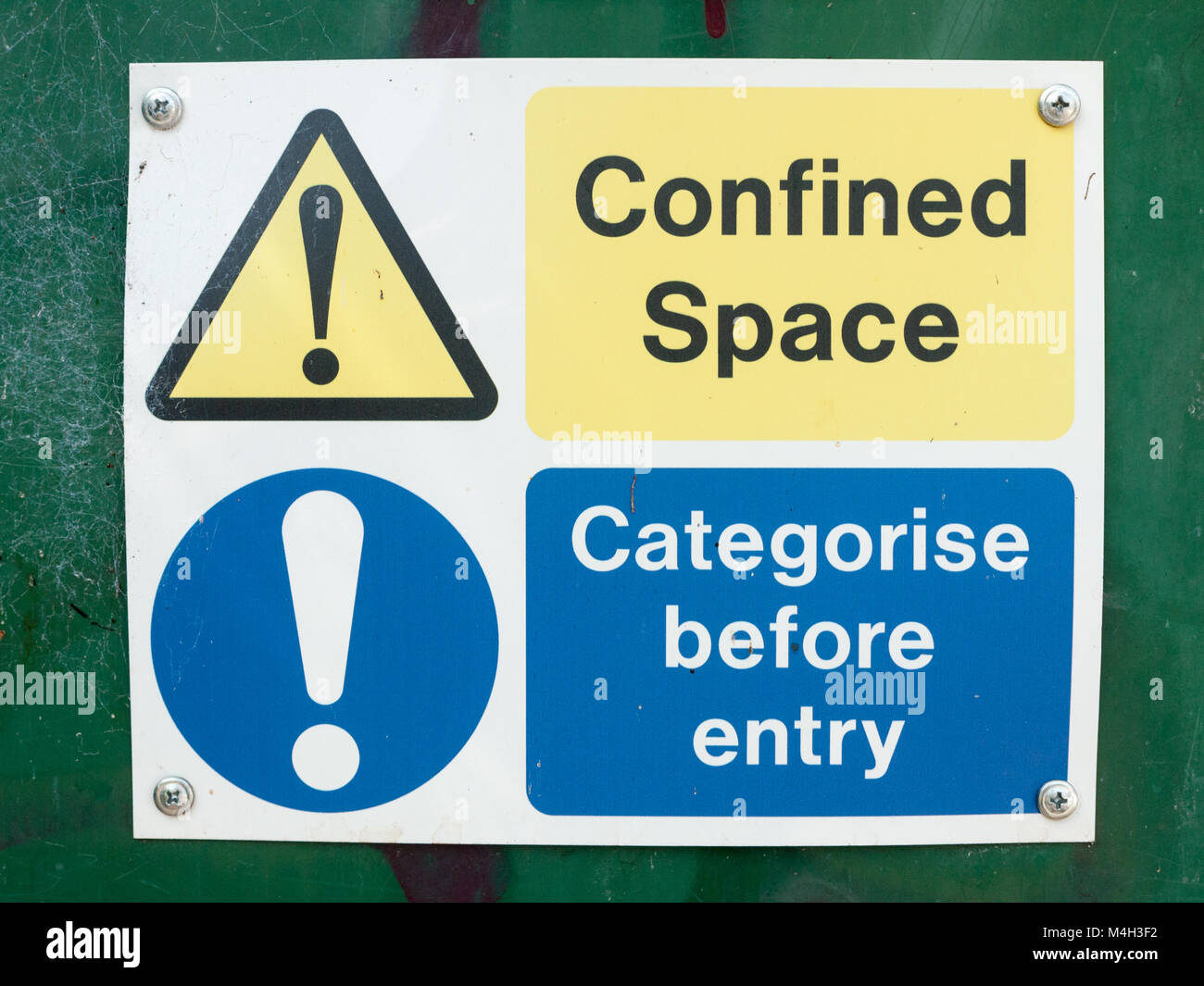 confined space categorise before entry sign board on box Stock Photo