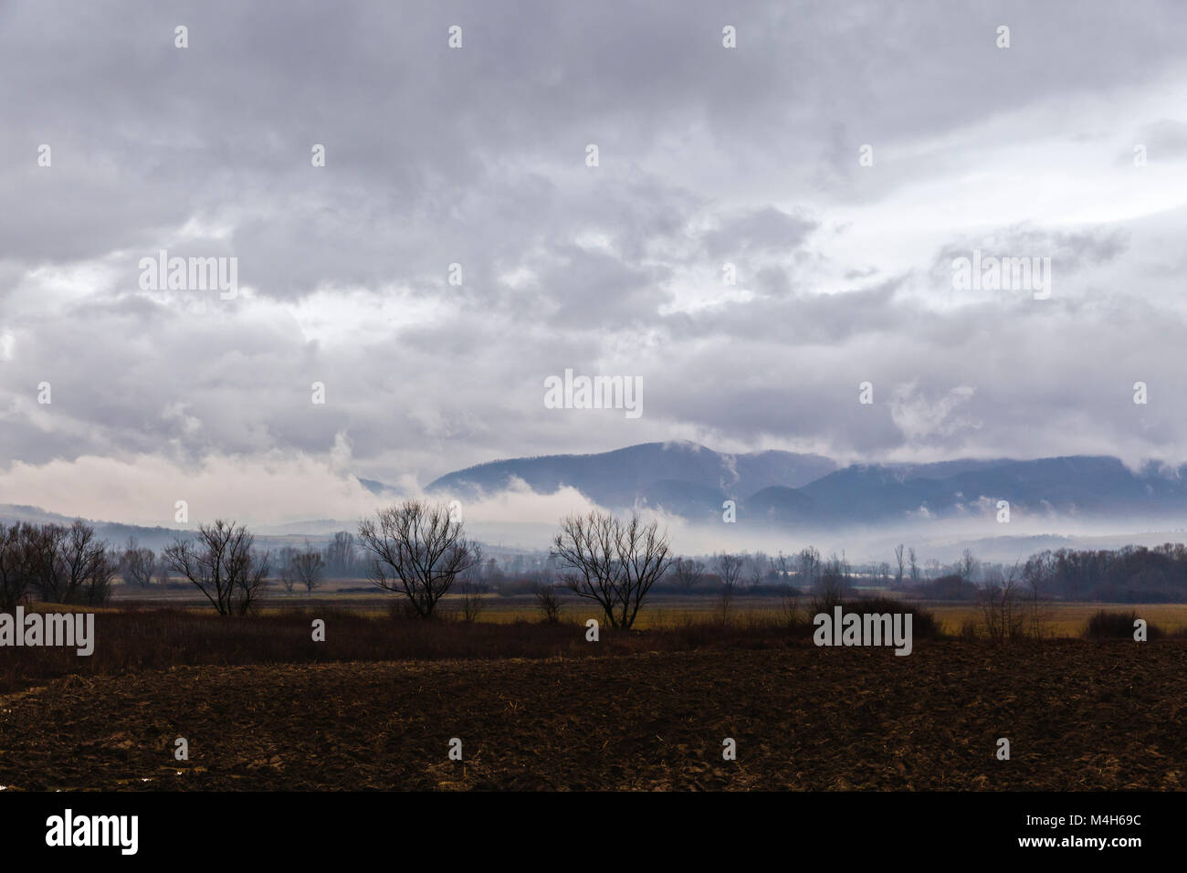 fog and clouds over an agricultural land Stock Photo - Alamy