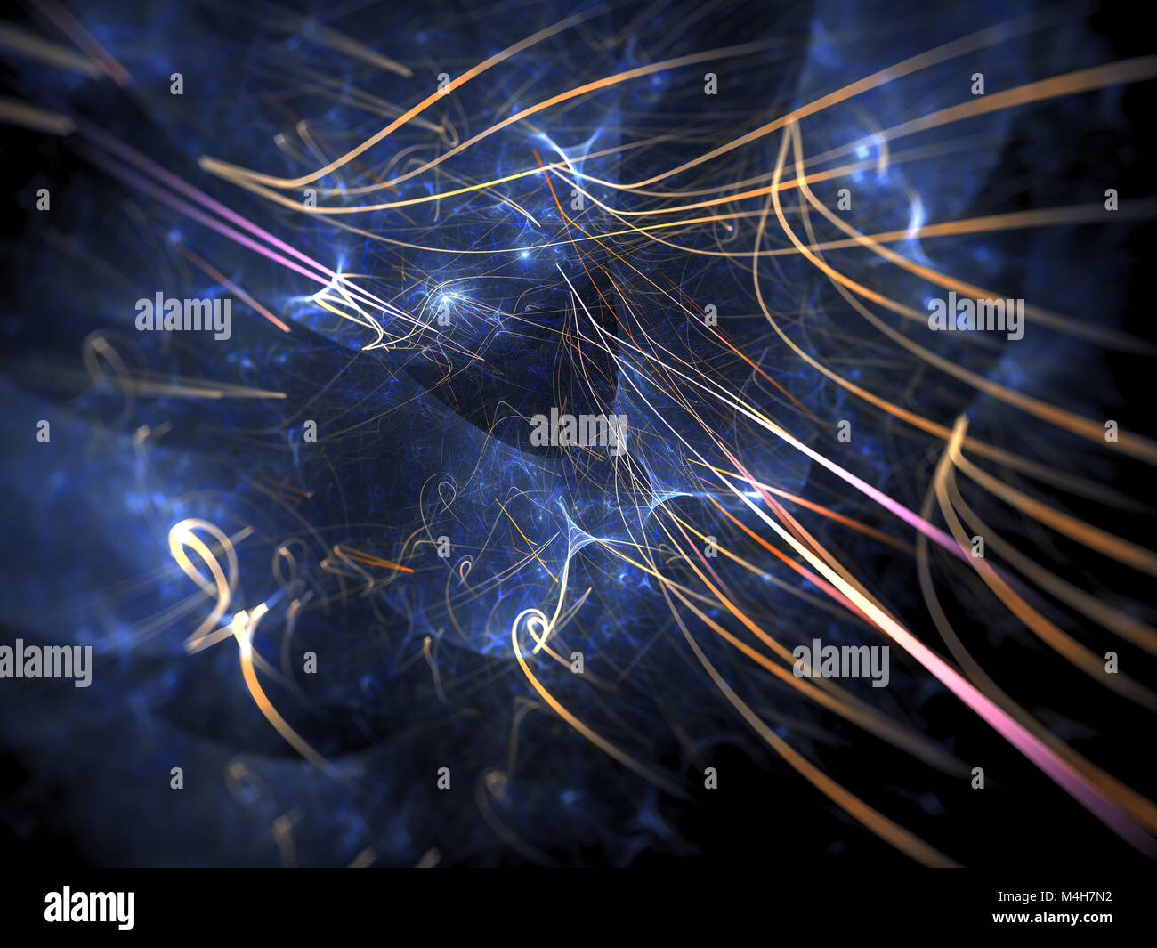 Orange glowing particle trajectories in quantum world, computer generated abstract background, 3D rendering Stock Photo