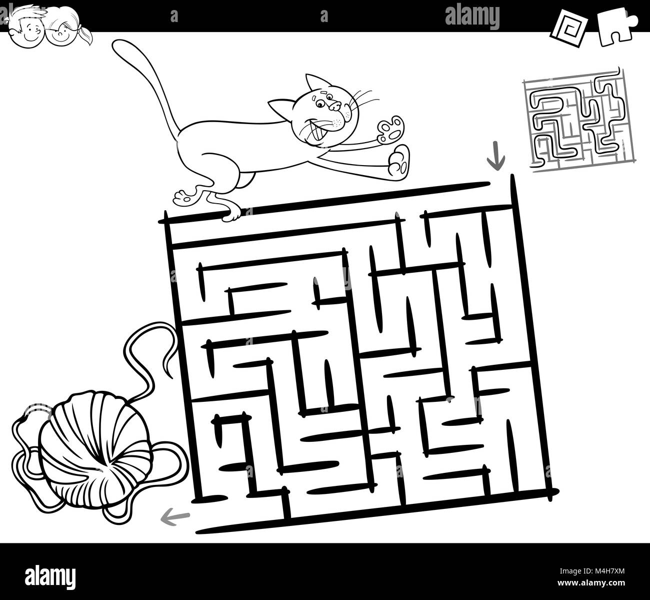 maze with cat and wool coloring page Stock Photo - Alamy