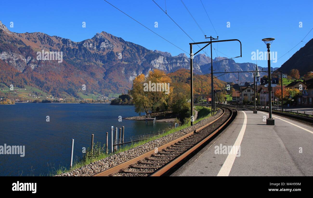 Autumn day at lake Walensee. Mountain of the Churfirsten range. Stock Photo