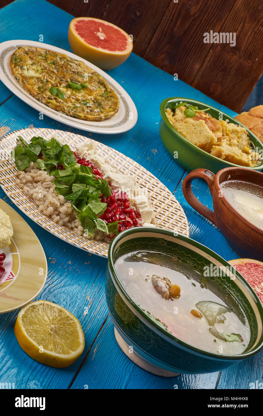 Egyptian cuisine . Traditional assorted Egypt dishes, Top view Stock