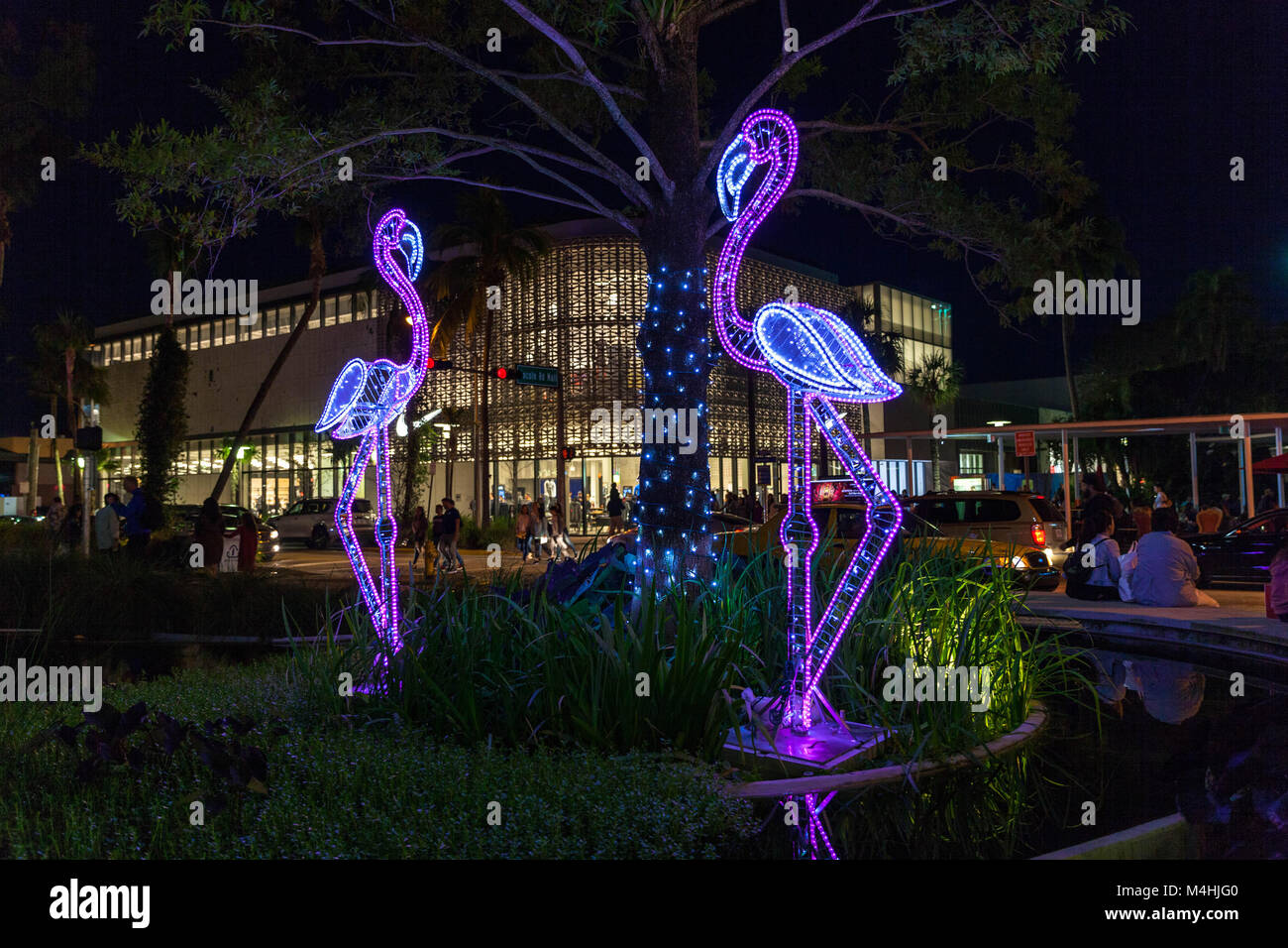 Luminous flamingos, Lincoln Road, Miami Beach, Florida, USA. Stock Photo