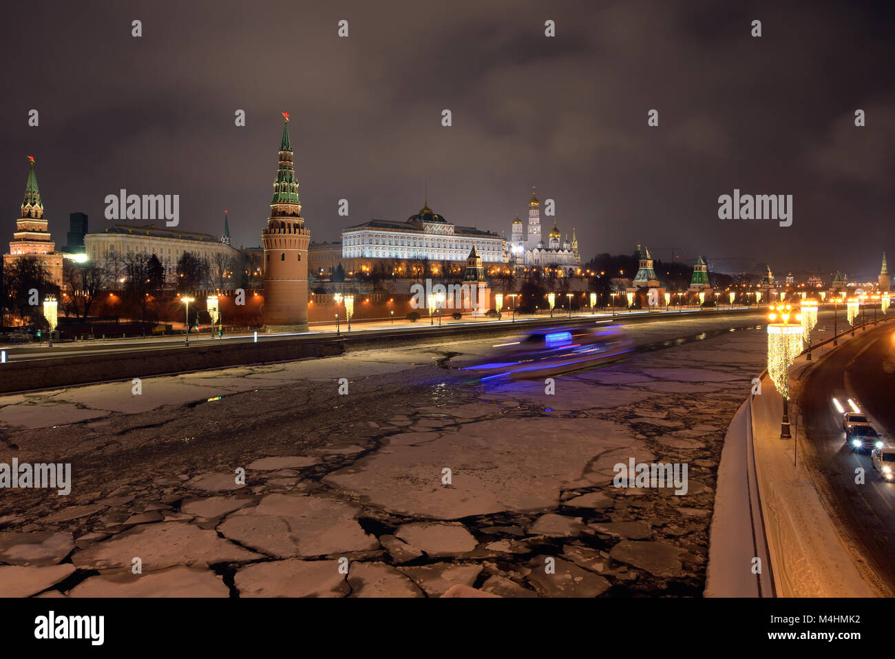 Moscow River and the Moscow Kremlin, night view. Stock Photo