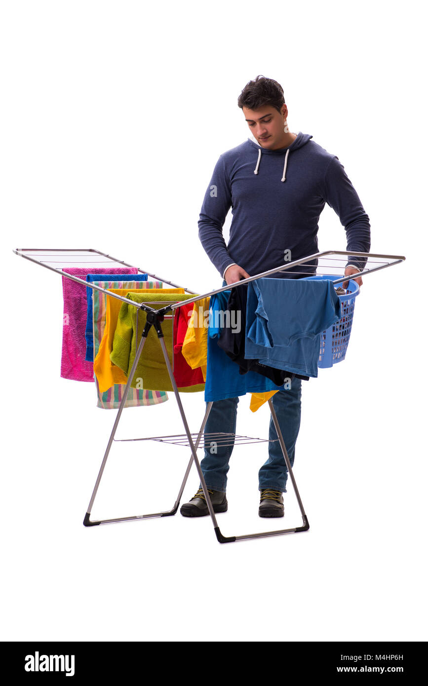 Husband man doing laundry isolated on white Stock Photo Alamy