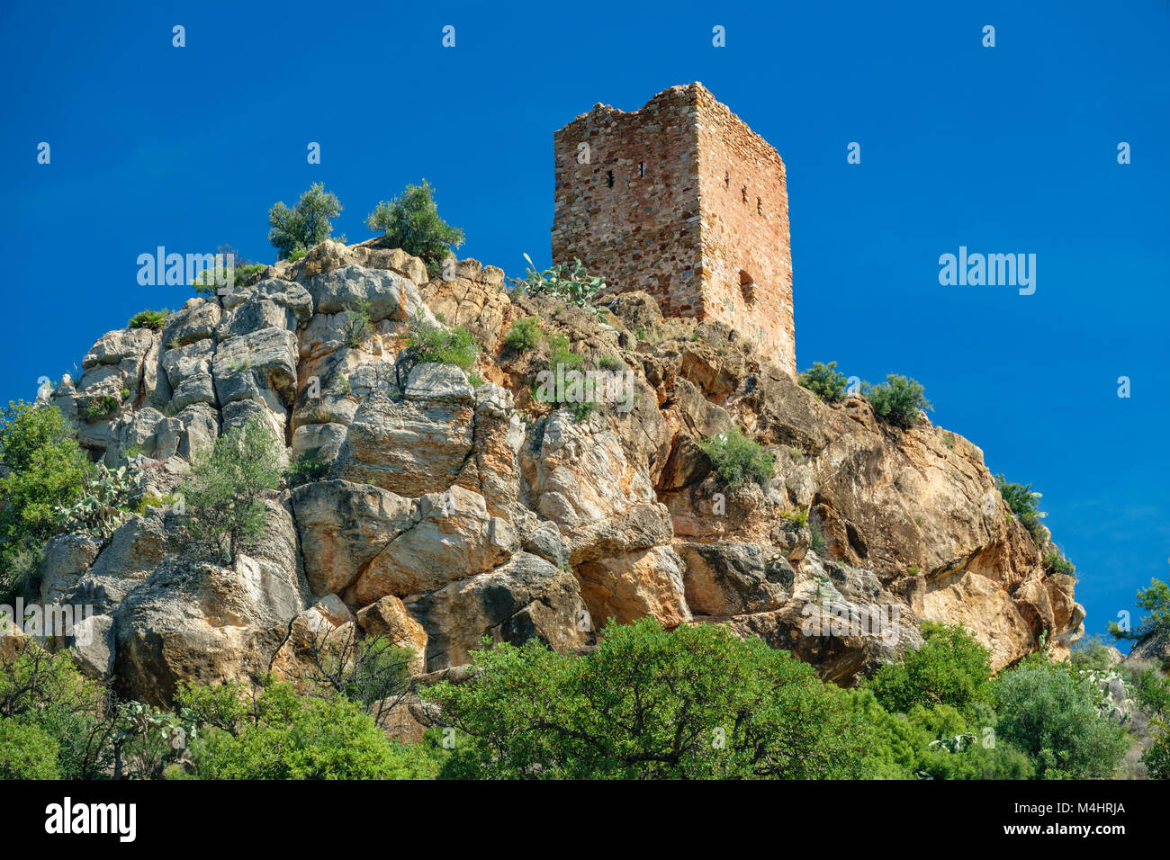 Almenara village tower on top of the hill Stock Photo