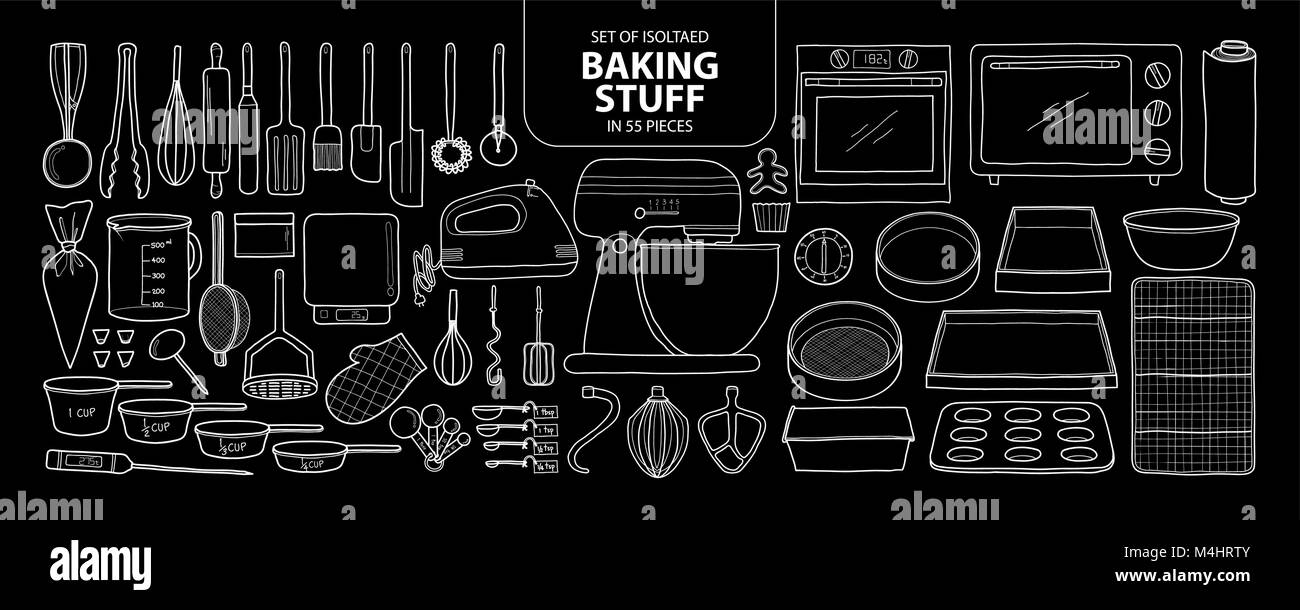 Set of isolated baking stuff in 55 pieces. Cute hand drawn kitchen tools vector illustration only white outline on black background. Stock Vector