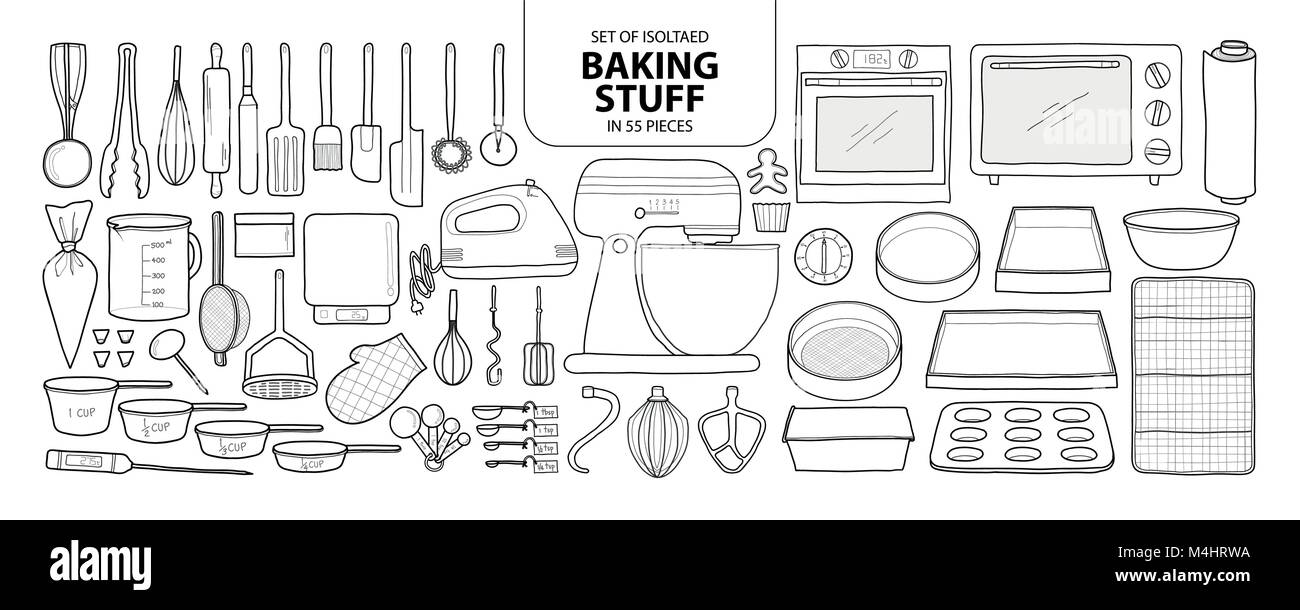 Set of isolated baking stuff in 55 pieces. Cute hand drawn kitchen tools vector illustration in black outline and white plane on white background. Stock Vector