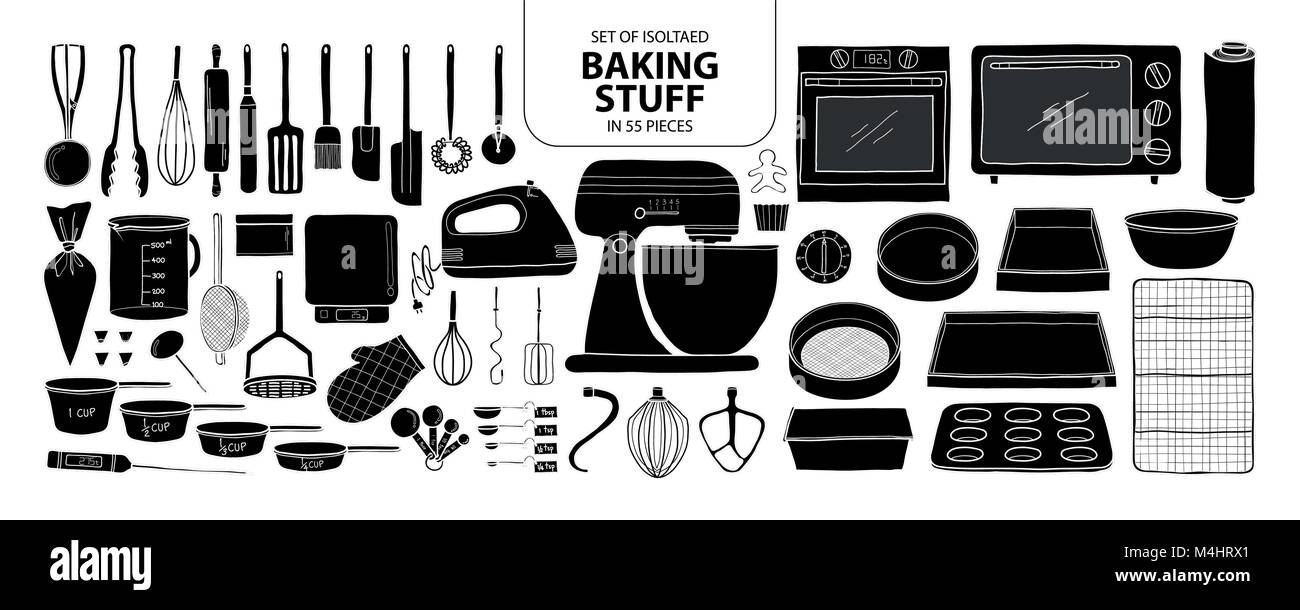 Set of isolated baking stuff in 55 pieces. Cute hand drawn kitchen tools vector illustration in black plane and white outline on white background. Stock Vector