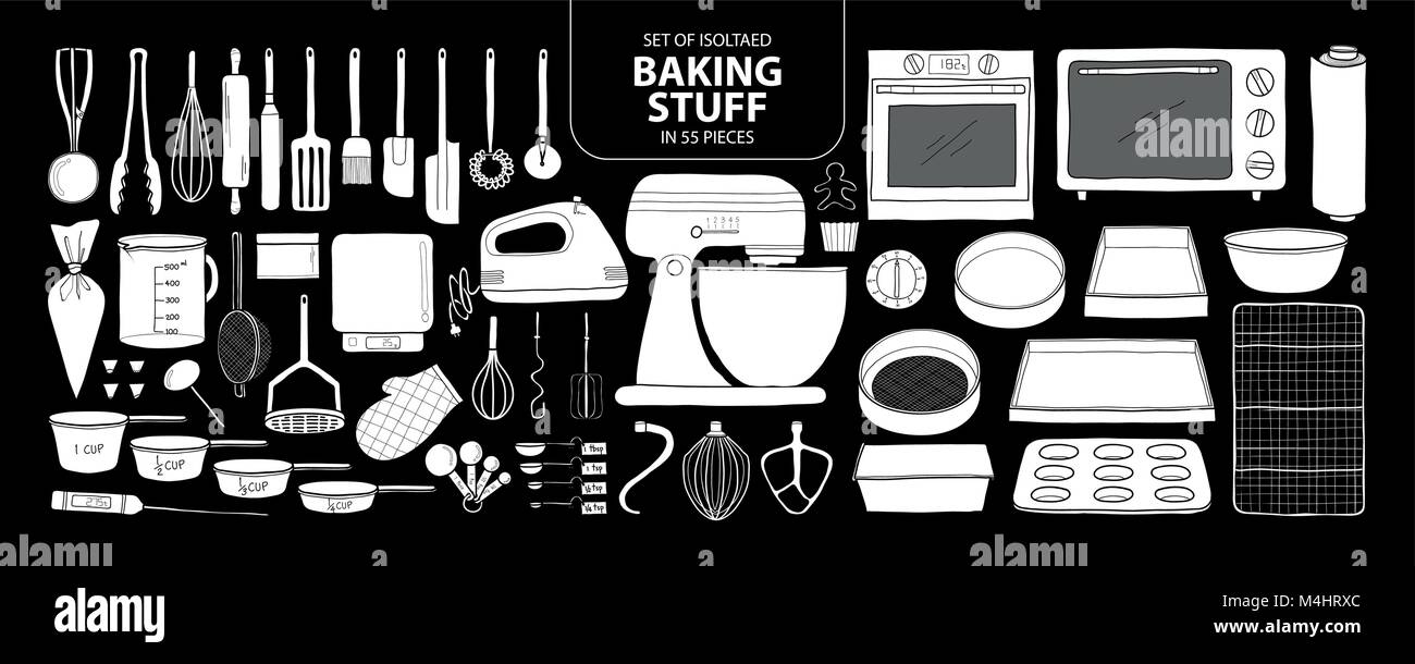 Set of isolated baking stuff in 55 pieces. Cute hand drawn kitchen tools vector illustration in white plane without outline on black background. Stock Vector