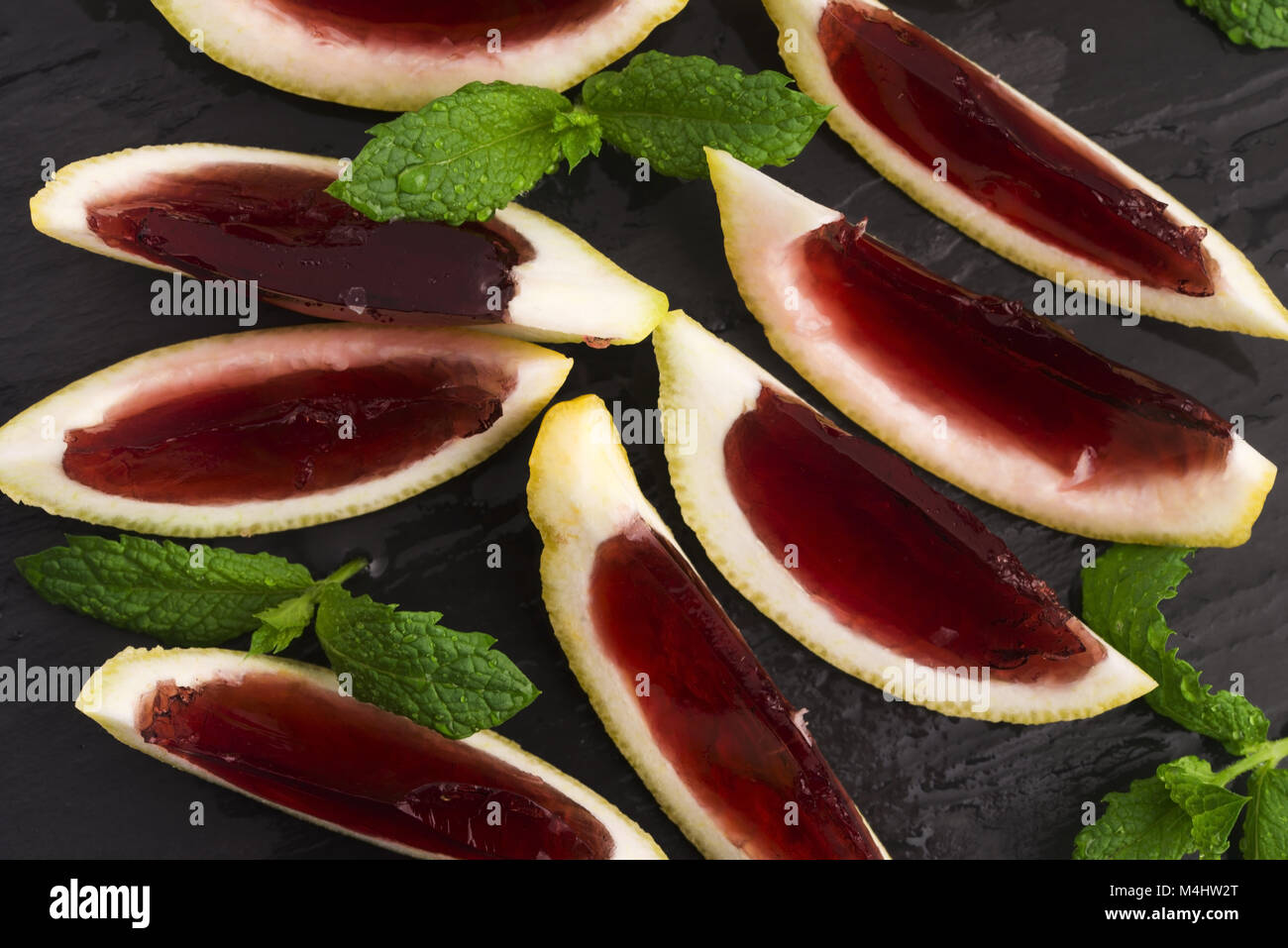 Lemon vodka blackcurrant jelly (jello) shots Stock Photo Alamy