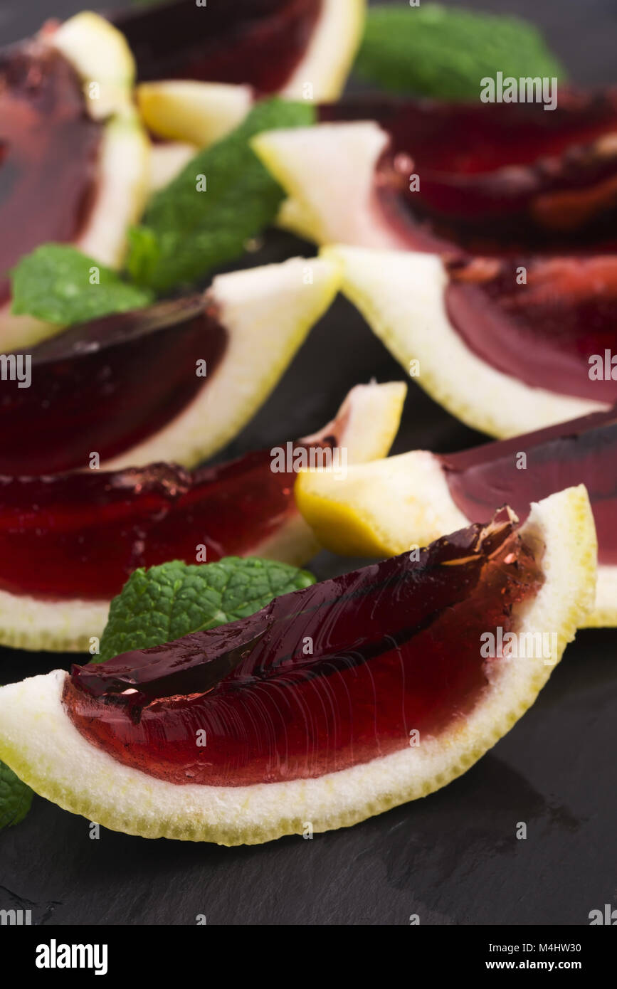 Lemon vodka blackcurrant jelly (jello) shots Stock Photo Alamy