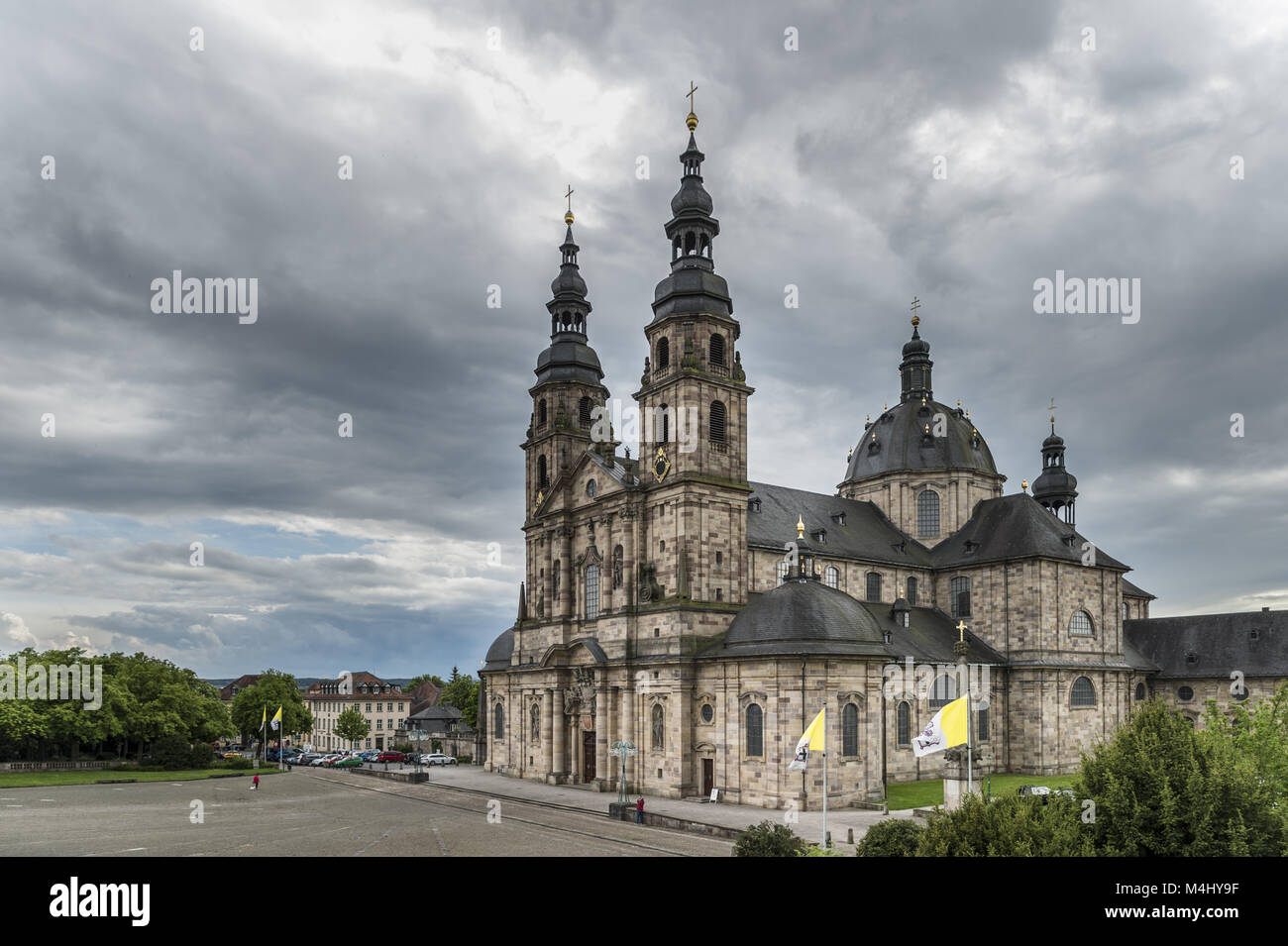 The Fulda Cathedral under dense clouds. Stock Photo