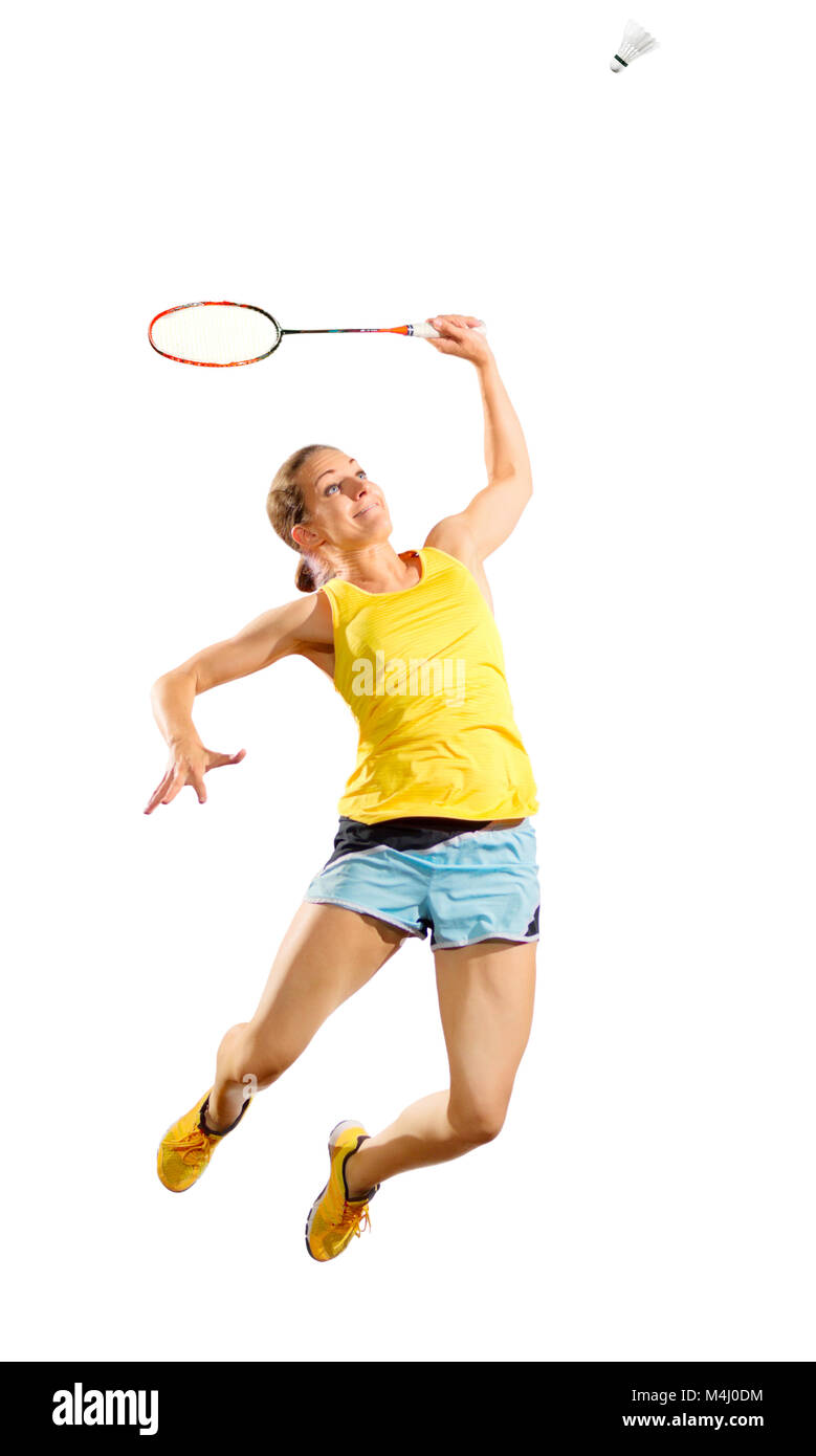 Young woman badminton player isolated (without net version Stock Photo